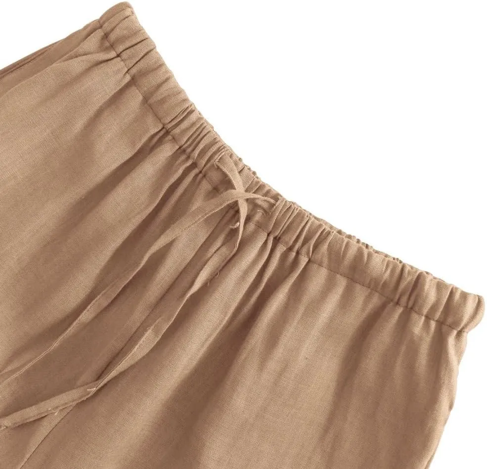 Amazhiyu Womens Pure Linen Summer Drawstring Flowy Wide Leg Pants with Pockets