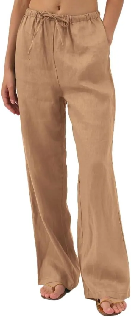 Amazhiyu Womens Pure Linen Summer Drawstring Flowy Wide Leg Pants with Pockets