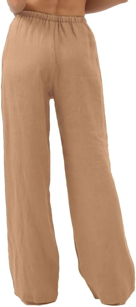Amazhiyu Womens Pure Linen Summer Drawstring Flowy Wide Leg Pants with Pockets