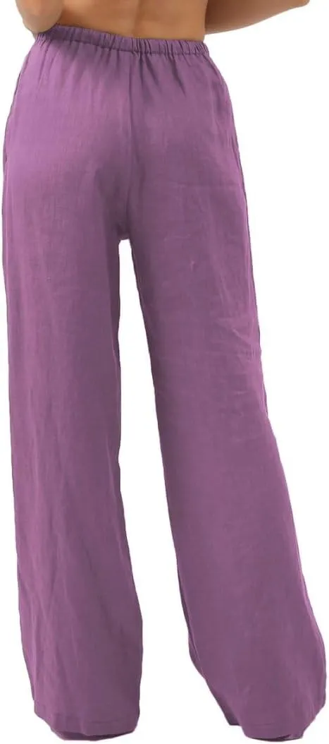 Amazhiyu Womens Pure Linen Summer Drawstring Flowy Wide Leg Pants with Pockets