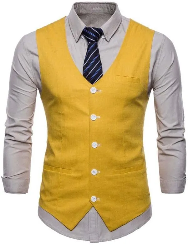 Aoleaky Casual Cotton Linen Mens Suit Vest Slim Fit Single Breasted Sleeveless Waistcoat Male