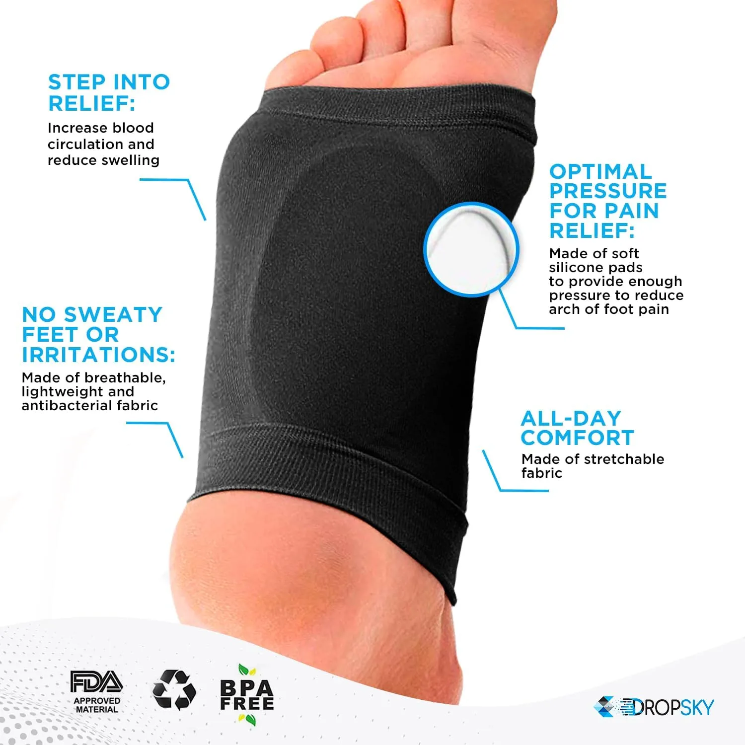 Arch Support, Flat Feet Arch Support Women and Men- Plantar Fasciitis Support Brace, Compression Arch Supports- Foot Arch Support for Flat Feet and Pain Relief, Arch Support Bands- 4 pieces, Black FSA