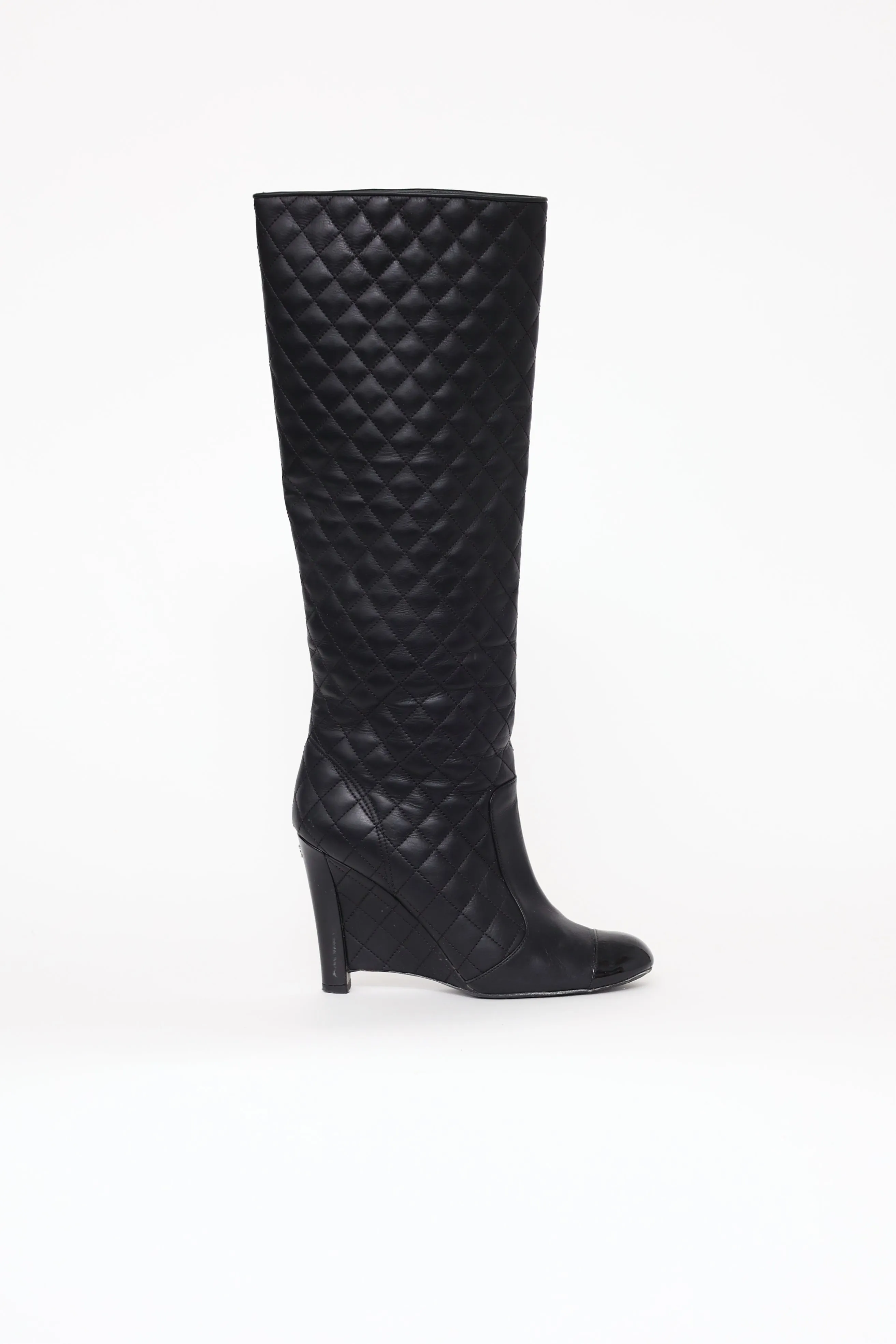 Black Quilted Knee High Wedge Boot