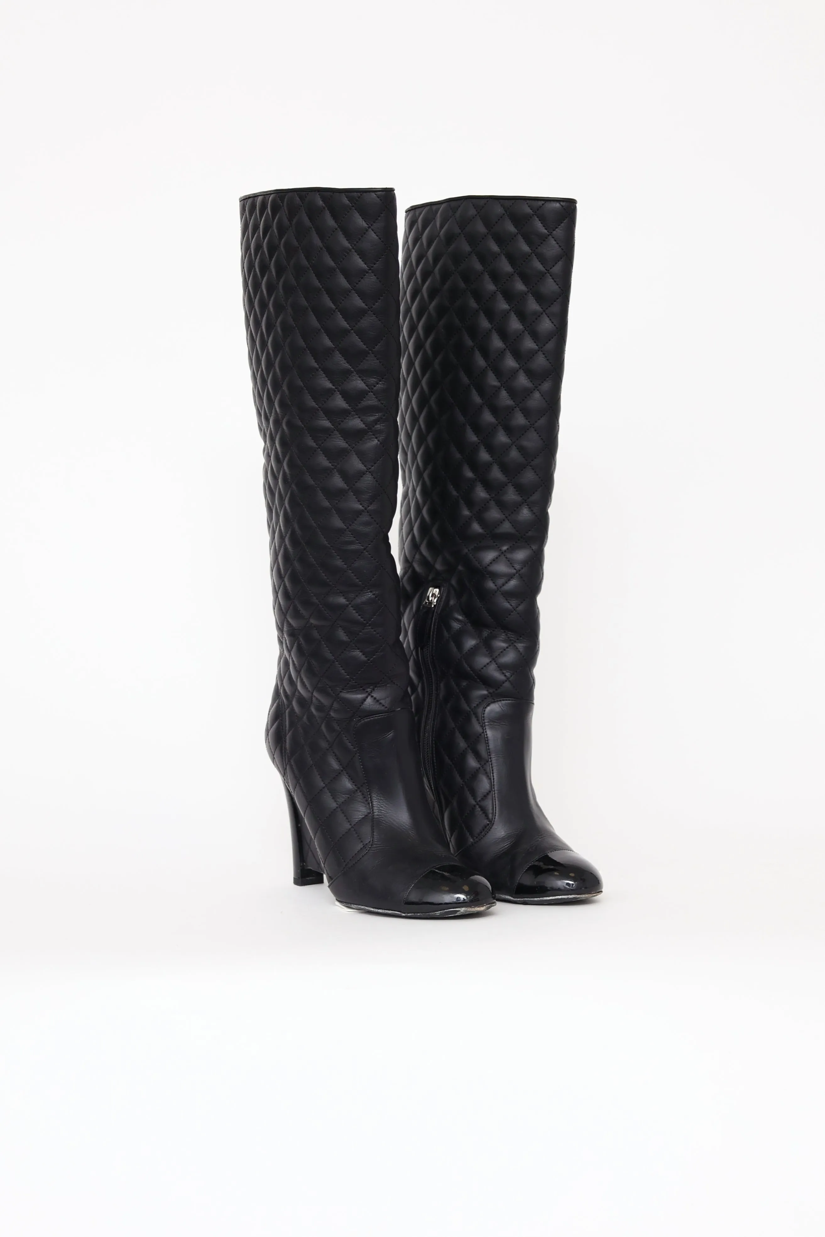 Black Quilted Knee High Wedge Boot