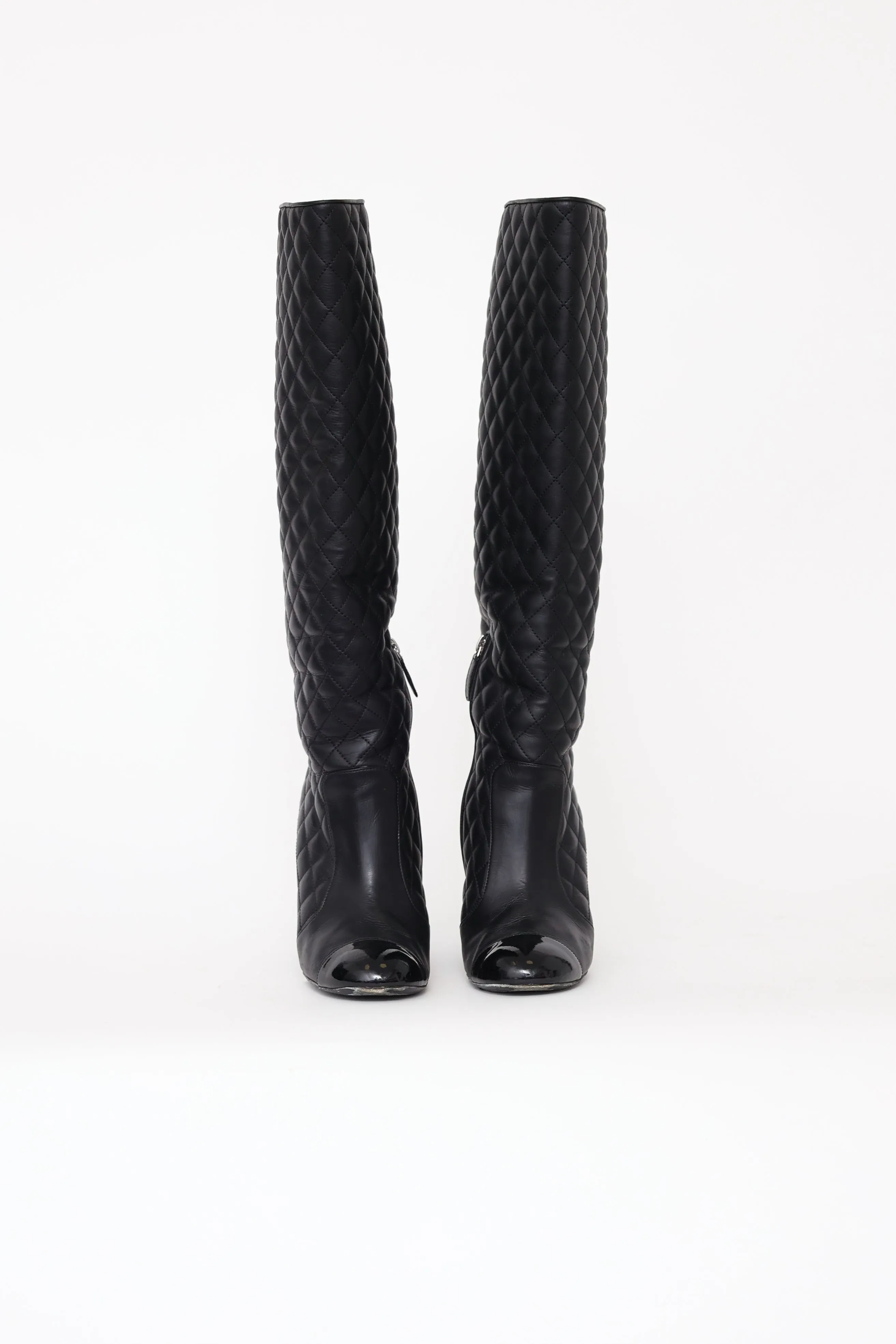 Black Quilted Knee High Wedge Boot