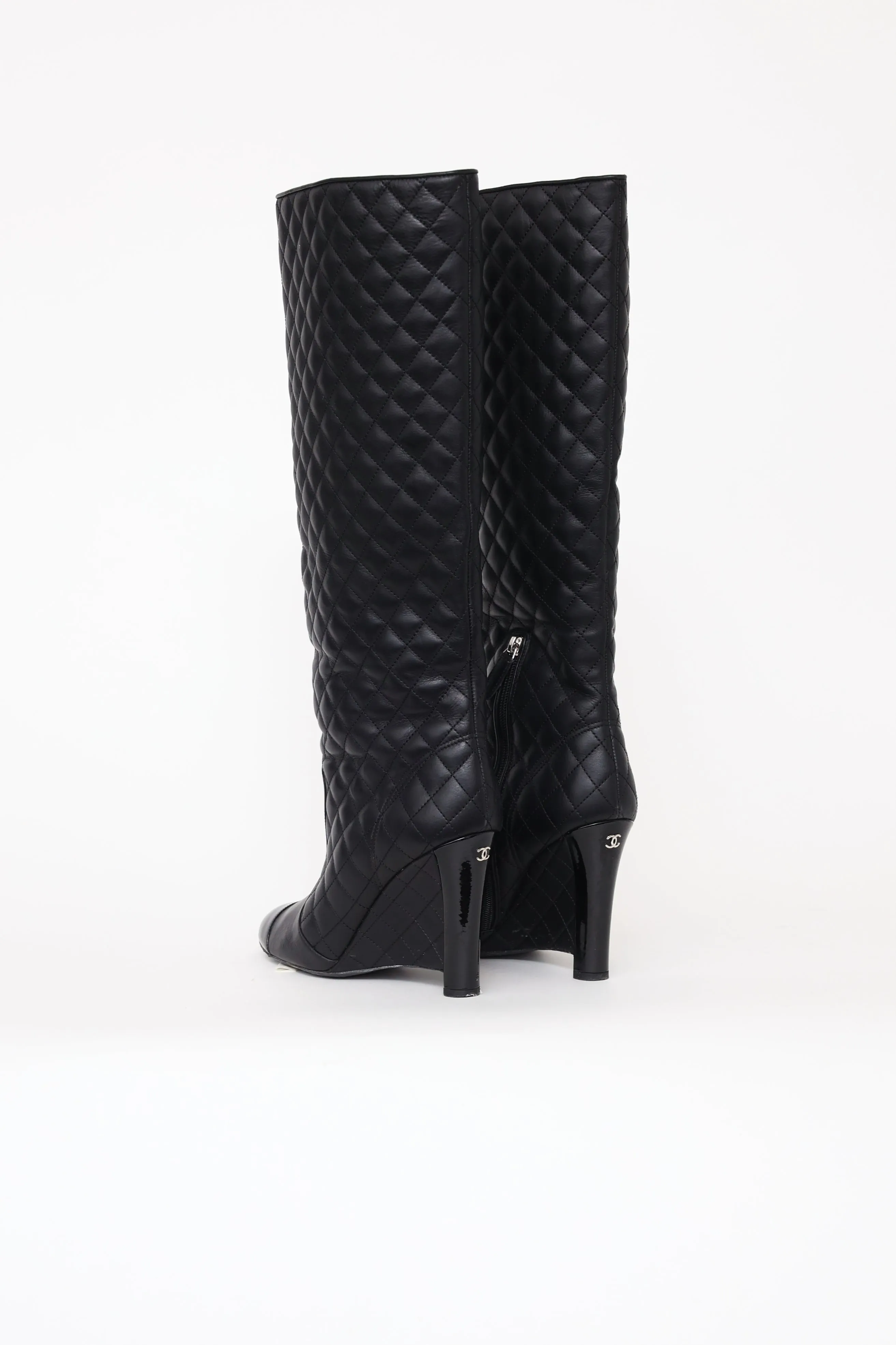 Black Quilted Knee High Wedge Boot