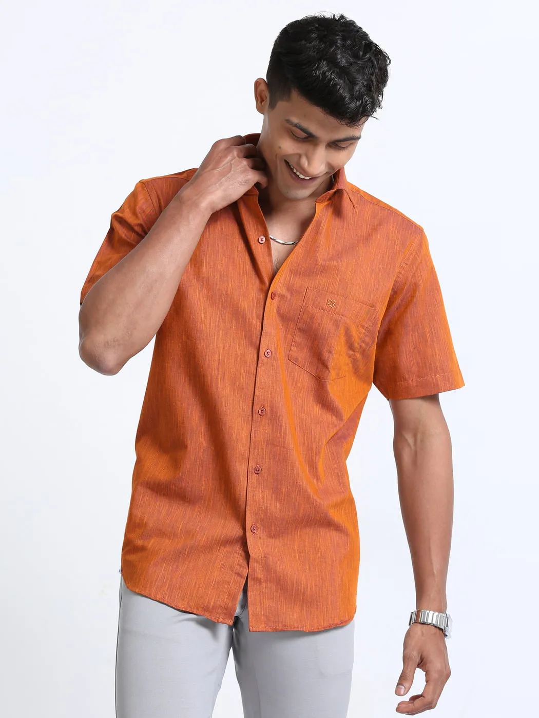 Cotton Linen Coral Colour Shirt Half Sleeve