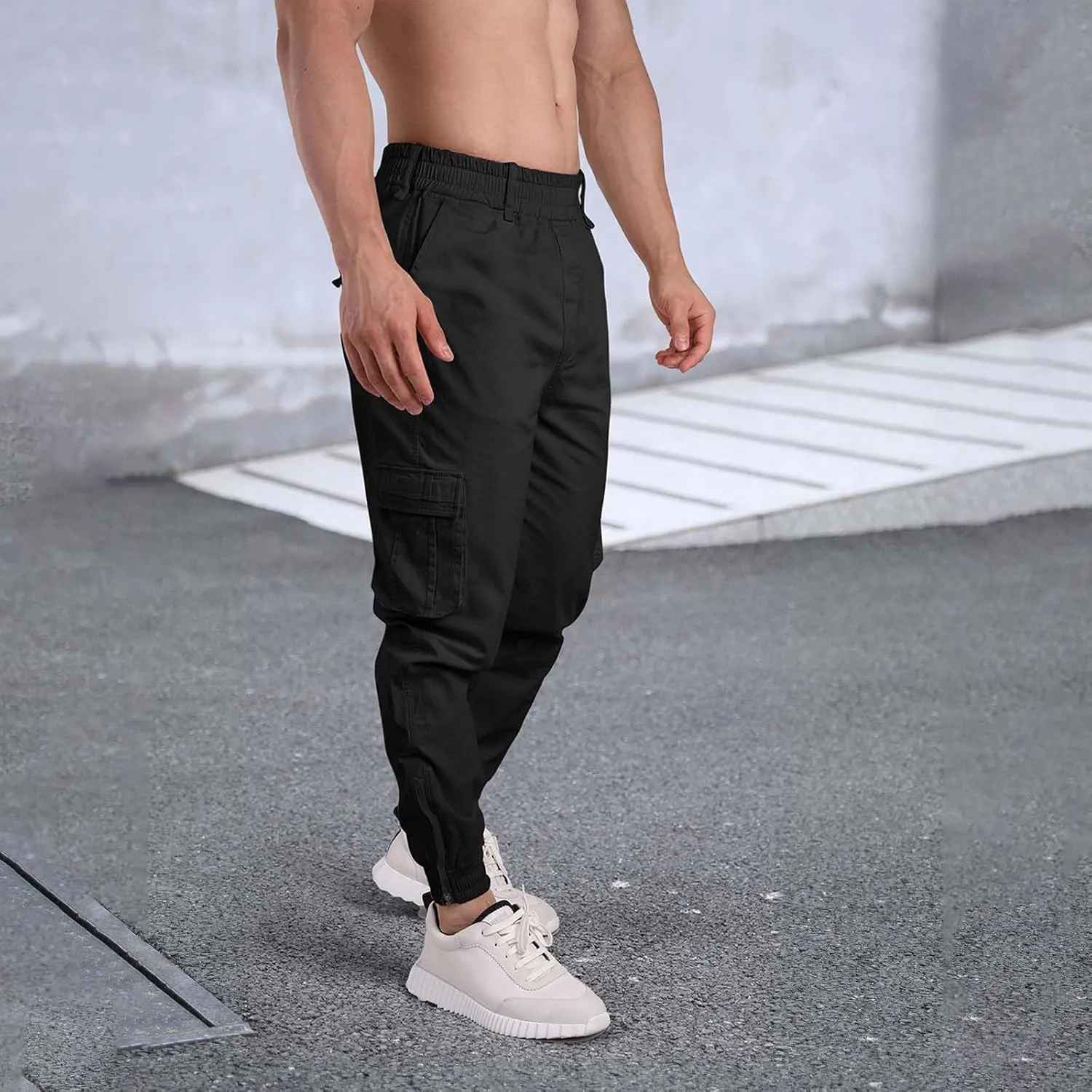 CRNTCEM Men's Hiking Cargo Pants Elastic Waisted Joggers Work Pants Slim Fit Tapered Golf Sweatpants Outdoor Hiking Trousers