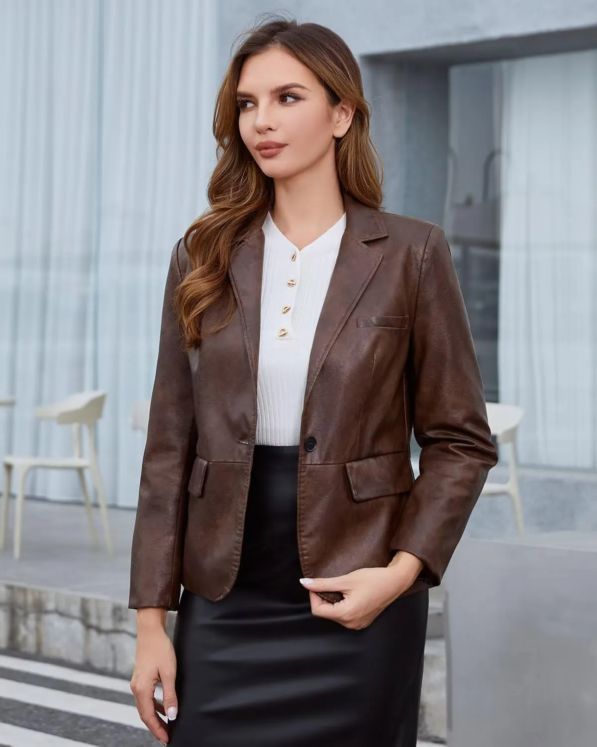 DIASHINY Women's Faux Leather Blazer Oversized Vintage Lapel Button Down Fashion Leather Jacket