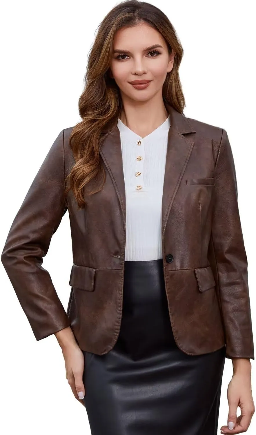 DIASHINY Women's Faux Leather Blazer Oversized Vintage Lapel Button Down Fashion Leather Jacket