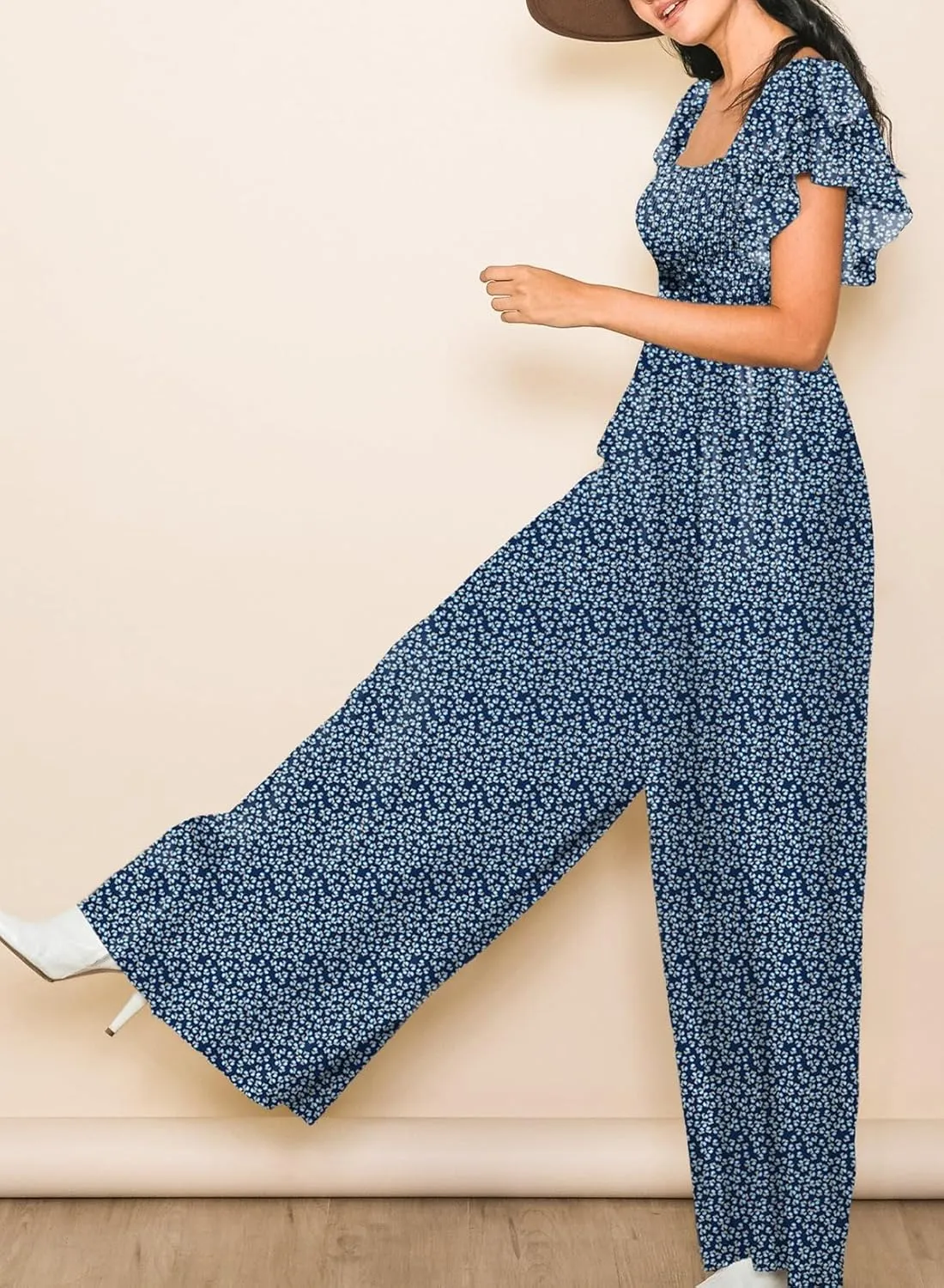 Dokotoo Women's Casual Loose Overalls Jumpsuits One Piece Ruffle Short Sleevel Printed Wide Leg Long Pant With Pockets