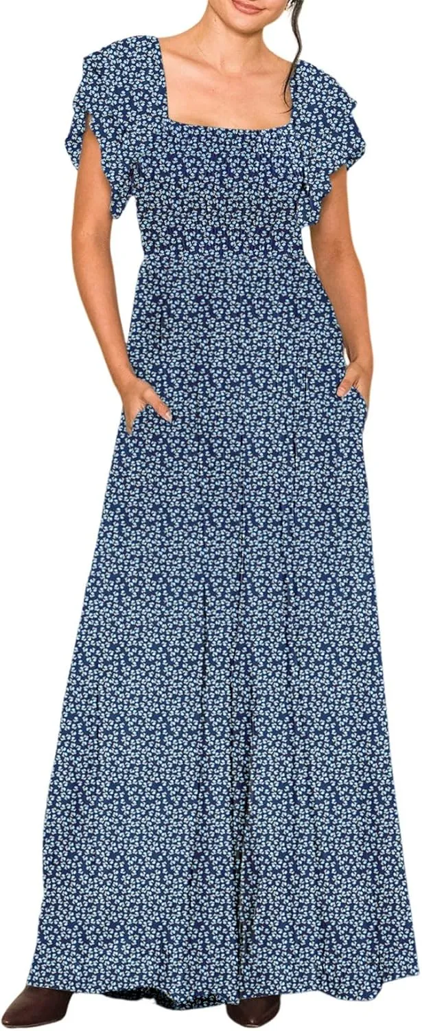 Dokotoo Women's Casual Loose Overalls Jumpsuits One Piece Ruffle Short Sleevel Printed Wide Leg Long Pant With Pockets