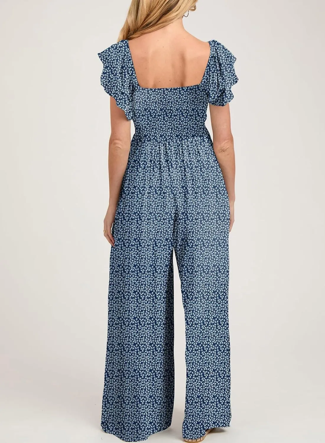 Dokotoo Women's Casual Loose Overalls Jumpsuits One Piece Ruffle Short Sleevel Printed Wide Leg Long Pant With Pockets