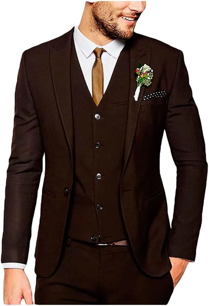 Fashion Dark Brown Mens Suit 3 Pieces Wedding Suits for Men Groom Tuxedos Dinner Suit