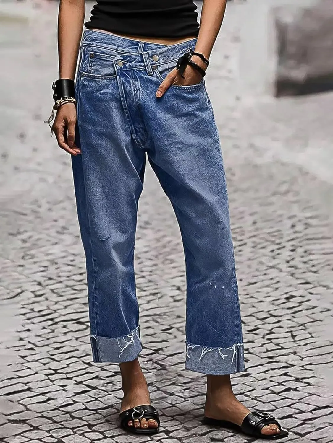 Flamingals High Waisted Straight Leg Jeans for Women Stretchy Ripped Raw Roll Hem Boyfriend Ankle Denim Pants Trendy