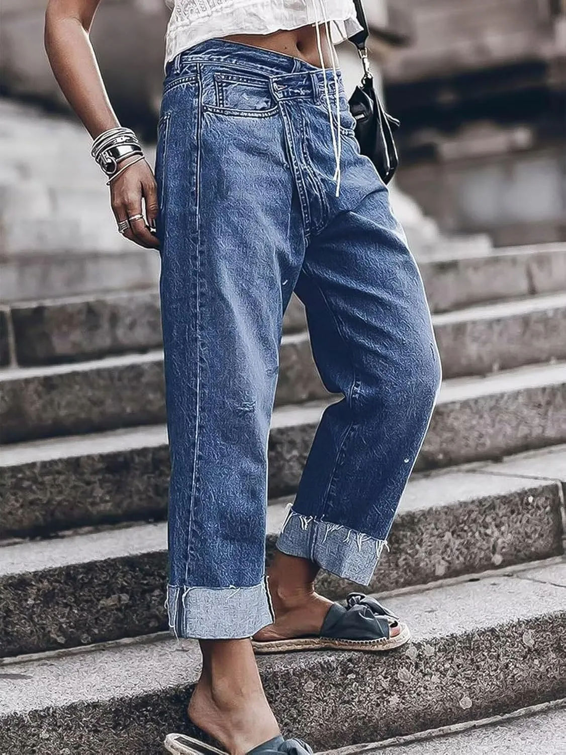 Flamingals High Waisted Straight Leg Jeans for Women Stretchy Ripped Raw Roll Hem Boyfriend Ankle Denim Pants Trendy