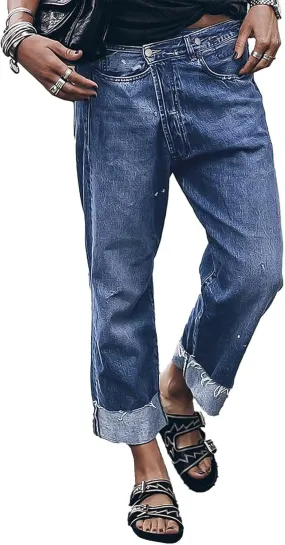 Flamingals High Waisted Straight Leg Jeans for Women Stretchy Ripped Raw Roll Hem Boyfriend Ankle Denim Pants Trendy