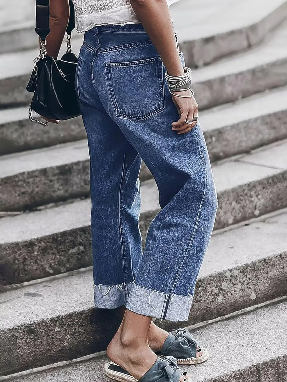 Flamingals High Waisted Straight Leg Jeans for Women Stretchy Ripped Raw Roll Hem Boyfriend Ankle Denim Pants Trendy