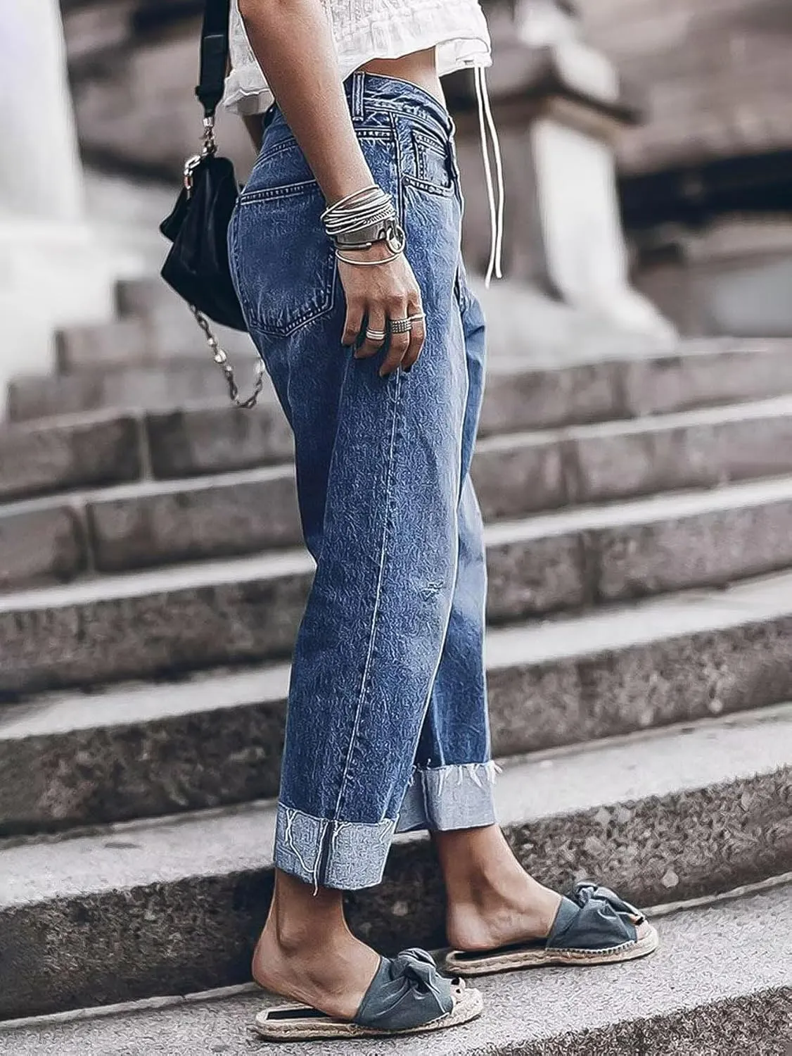 Flamingals High Waisted Straight Leg Jeans for Women Stretchy Ripped Raw Roll Hem Boyfriend Ankle Denim Pants Trendy