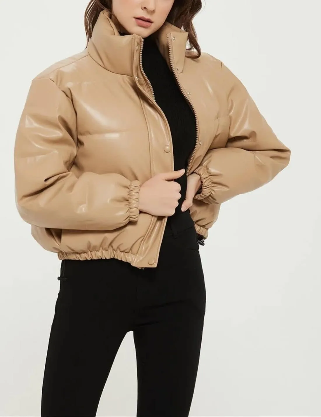 Kinkia Women's Faux PU Leather Padded Quilted Jacket Solid Zipper Down Puffer Jacket