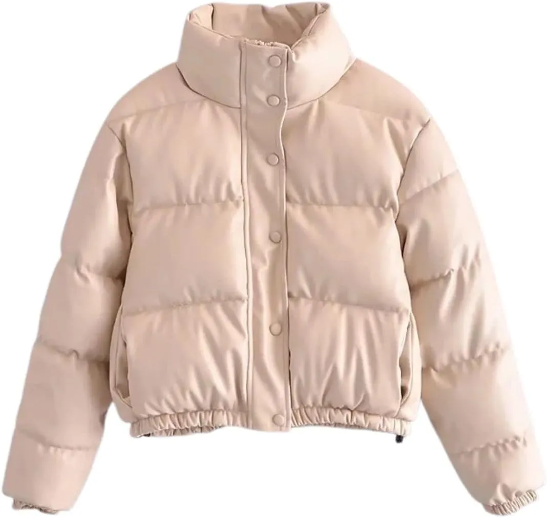 Kinkia Women's Faux PU Leather Padded Quilted Jacket Solid Zipper Down Puffer Jacket