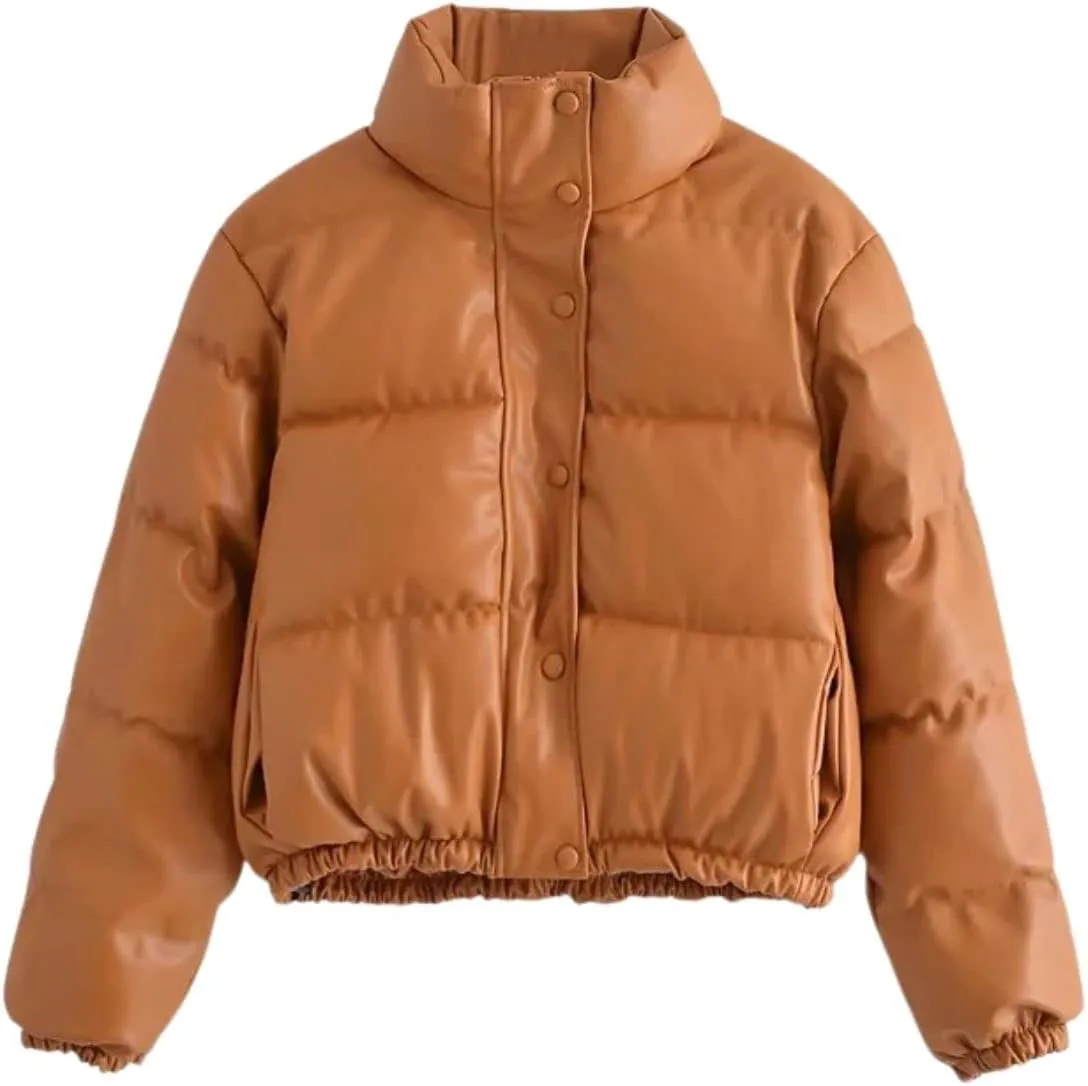Kinkia Women's Faux PU Leather Padded Quilted Jacket Solid Zipper Down Puffer Jacket