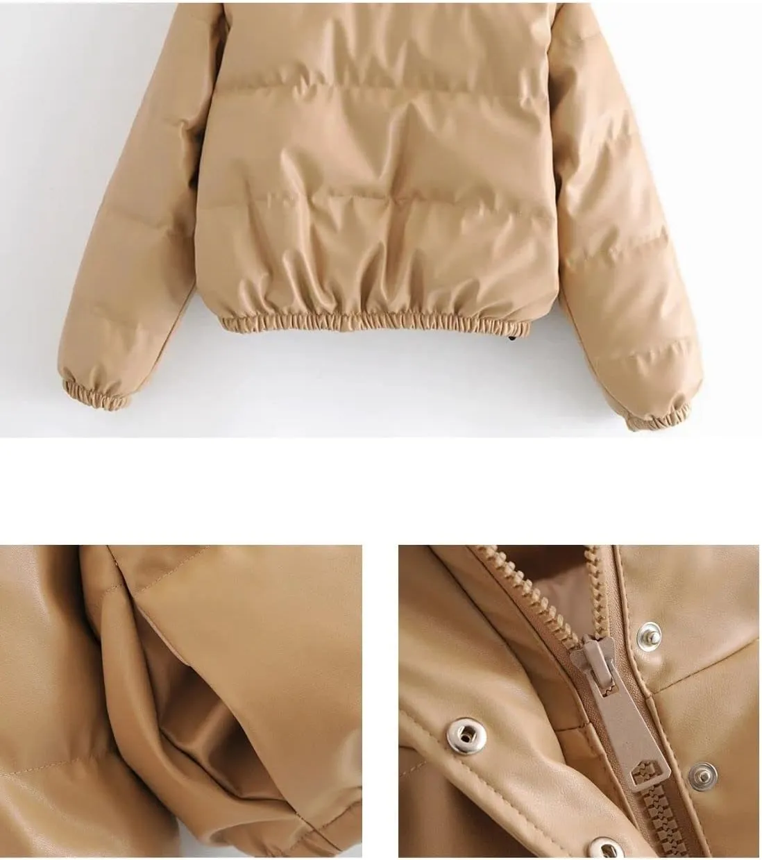 Kinkia Women's Faux PU Leather Padded Quilted Jacket Solid Zipper Down Puffer Jacket