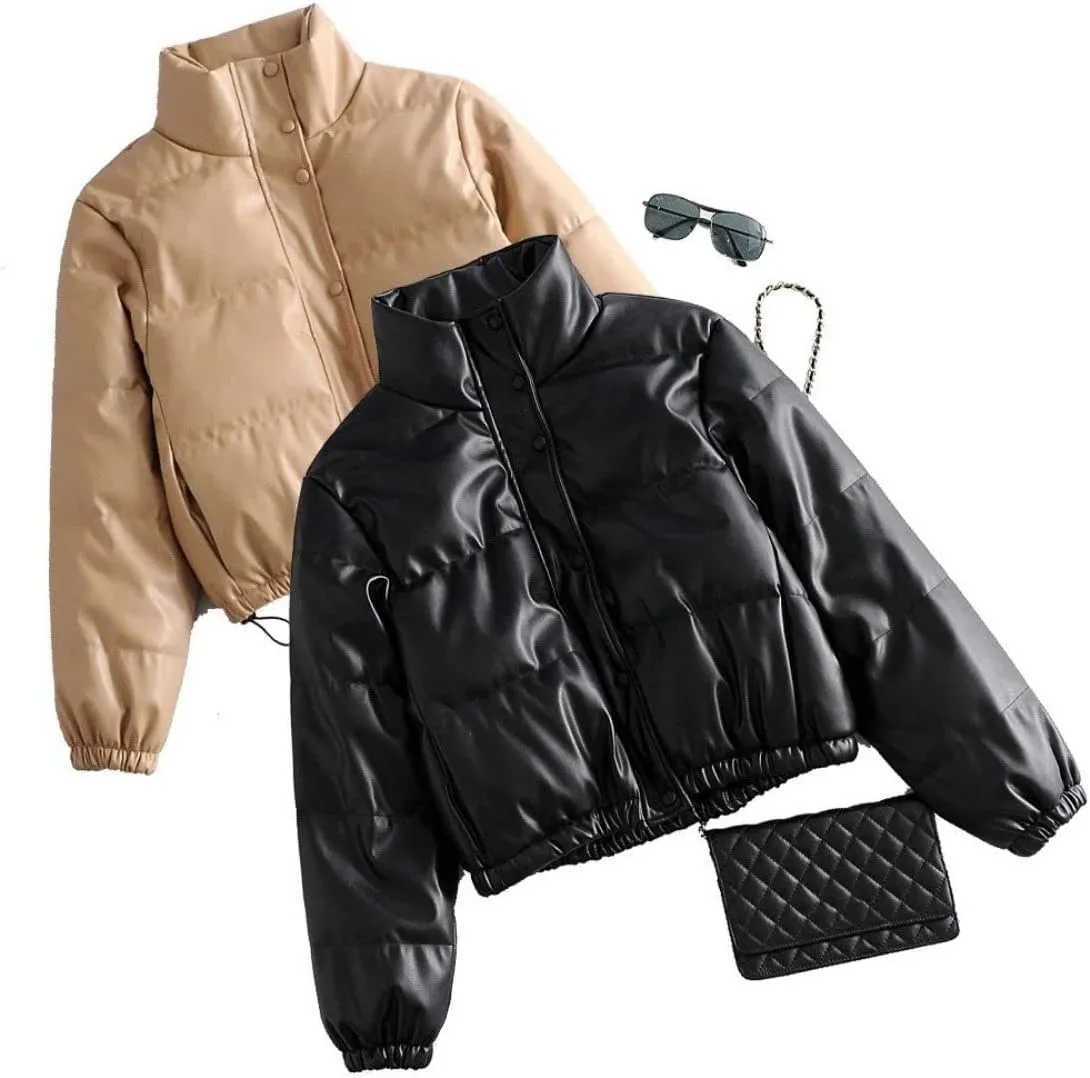 Kinkia Women's Faux PU Leather Padded Quilted Jacket Solid Zipper Down Puffer Jacket