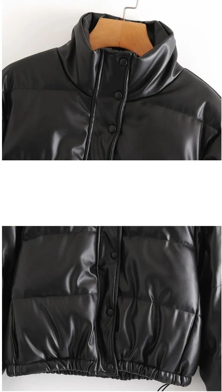 Kinkia Women's Faux PU Leather Padded Quilted Jacket Solid Zipper Down Puffer Jacket