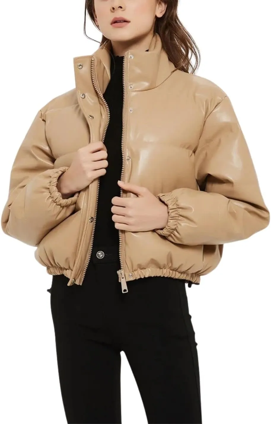 Kinkia Women's Faux PU Leather Padded Quilted Jacket Solid Zipper Down Puffer Jacket