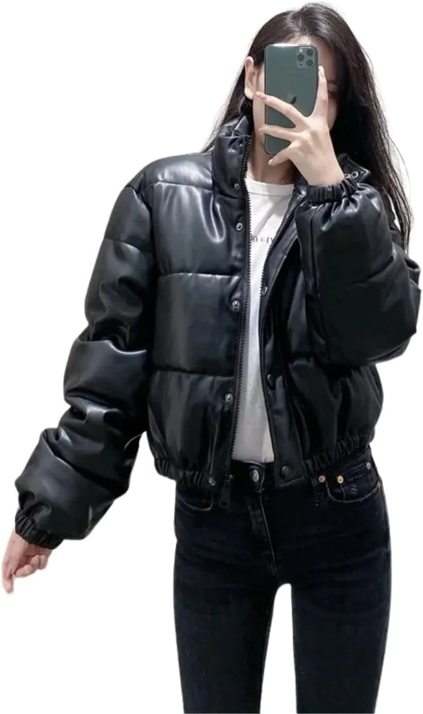 Kinkia Women's Faux PU Leather Padded Quilted Jacket Solid Zipper Down Puffer Jacket
