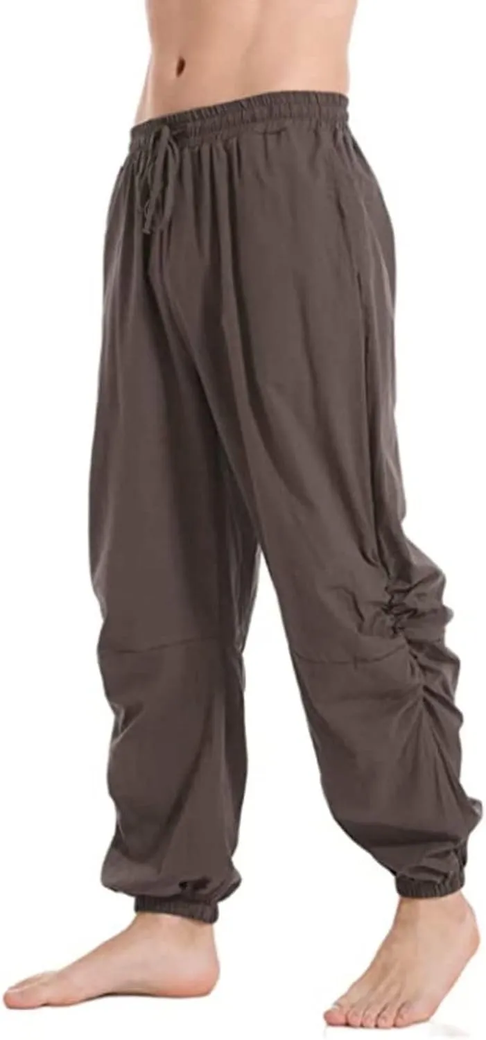 Men's Casual Cotton Linen Pants Elastic Waist Drawstring Yoga Jogger Pirate Pants for Yoga Jogging Lounging