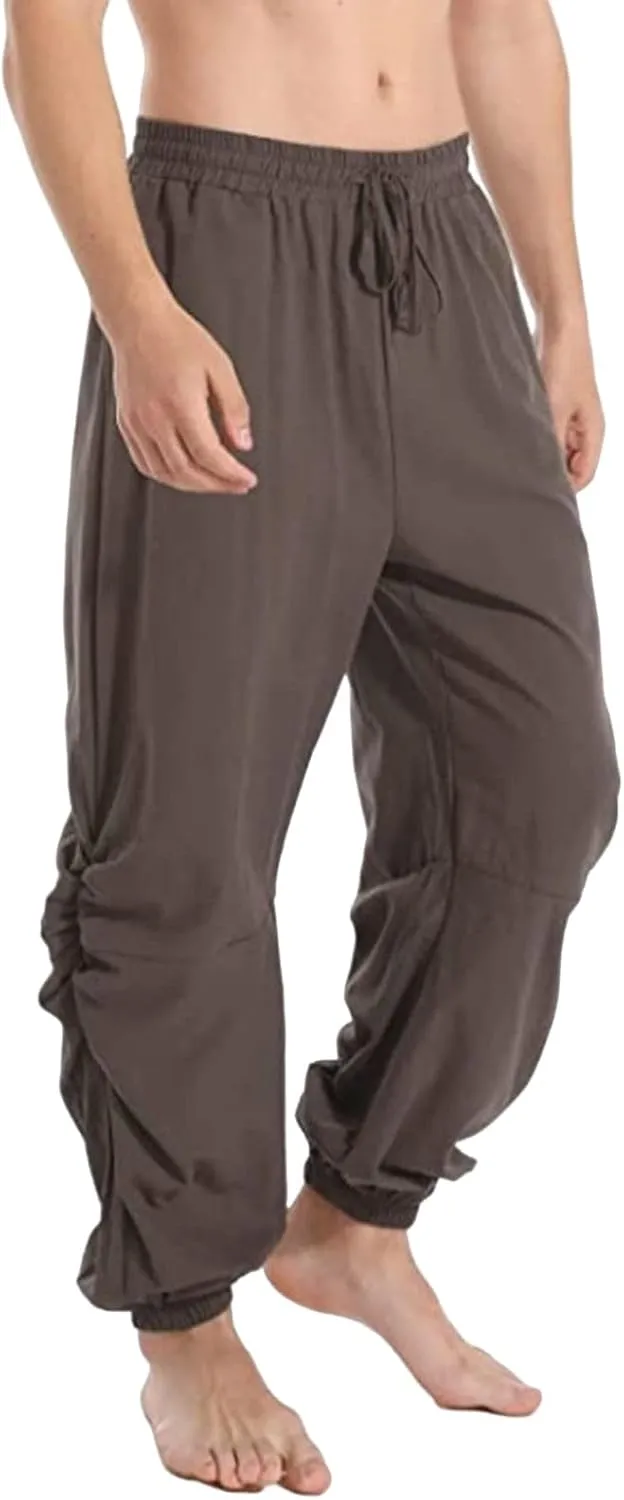 Men's Casual Cotton Linen Pants Elastic Waist Drawstring Yoga Jogger Pirate Pants for Yoga Jogging Lounging