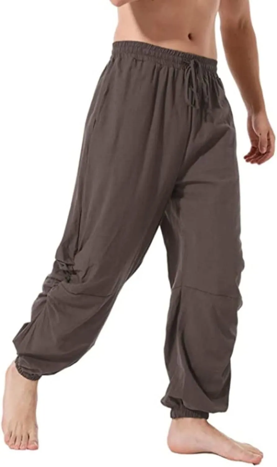 Men's Casual Cotton Linen Pants Elastic Waist Drawstring Yoga Jogger Pirate Pants for Yoga Jogging Lounging