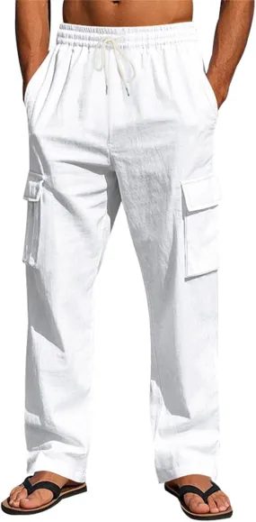 Men's Casual Linen Pants Mens Cargo Pants Elastic Waist Drawstring Joggers Athletic Pants Summer Straight Sweatpants