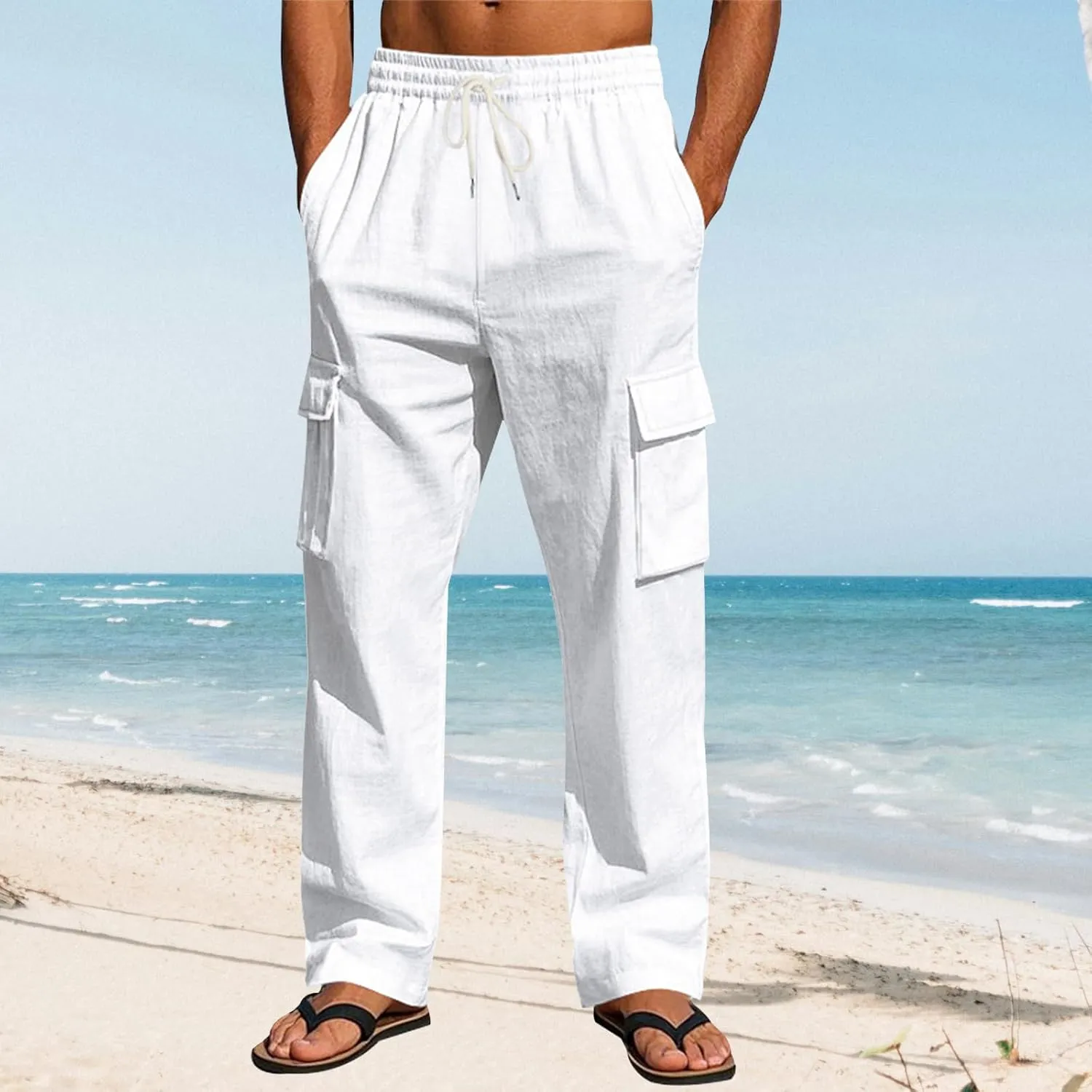 Men's Casual Linen Pants Mens Cargo Pants Elastic Waist Drawstring Joggers Athletic Pants Summer Straight Sweatpants