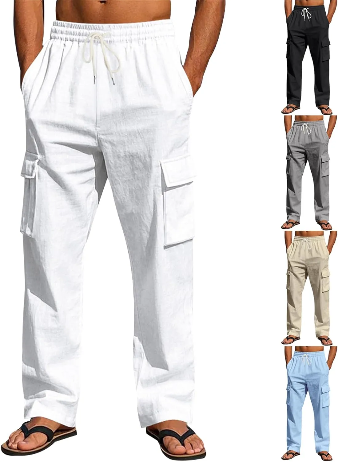 Men's Casual Linen Pants Mens Cargo Pants Elastic Waist Drawstring Joggers Athletic Pants Summer Straight Sweatpants