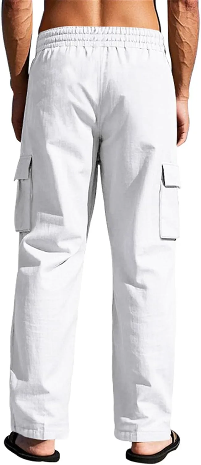 Men's Casual Linen Pants Mens Cargo Pants Elastic Waist Drawstring Joggers Athletic Pants Summer Straight Sweatpants