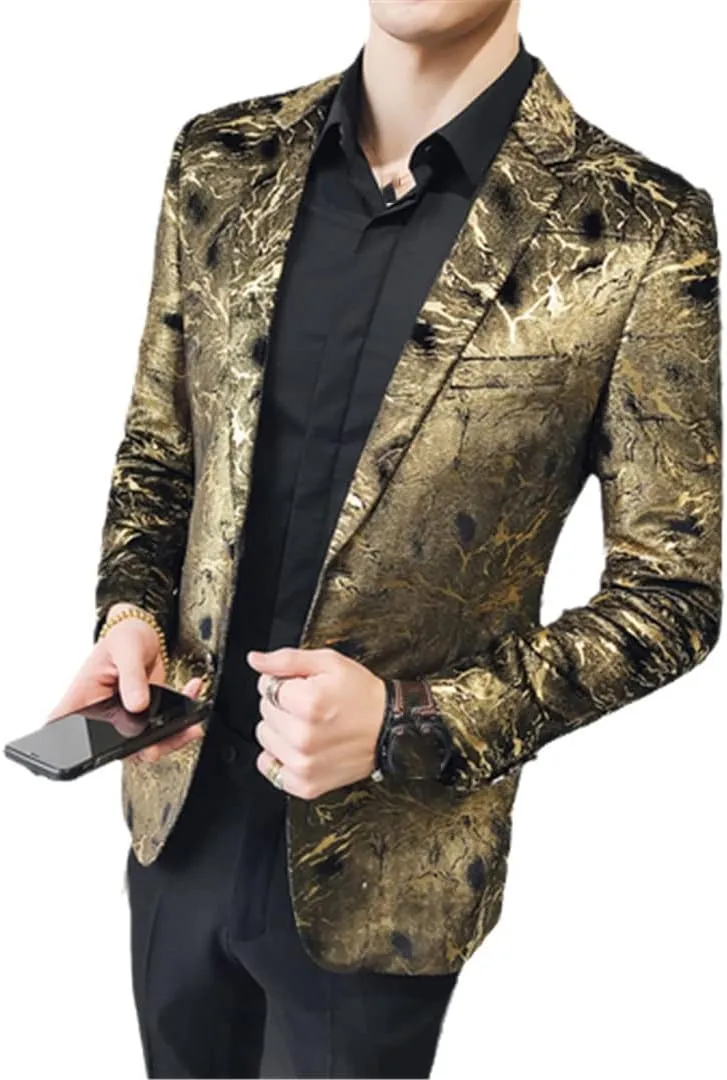 Single Button Printed Floral Blazer Men Luxury Formal Slim Fit Wedding Party Jacket Suit
