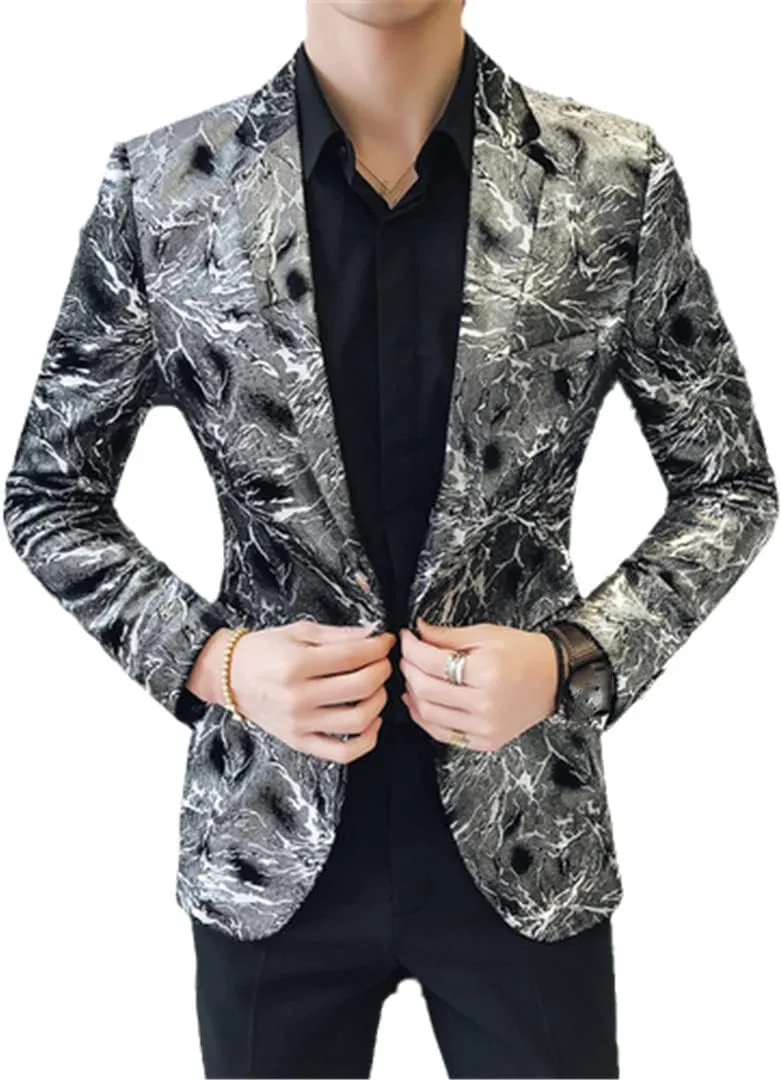 Single Button Printed Floral Blazer Men Luxury Formal Slim Fit Wedding Party Jacket Suit