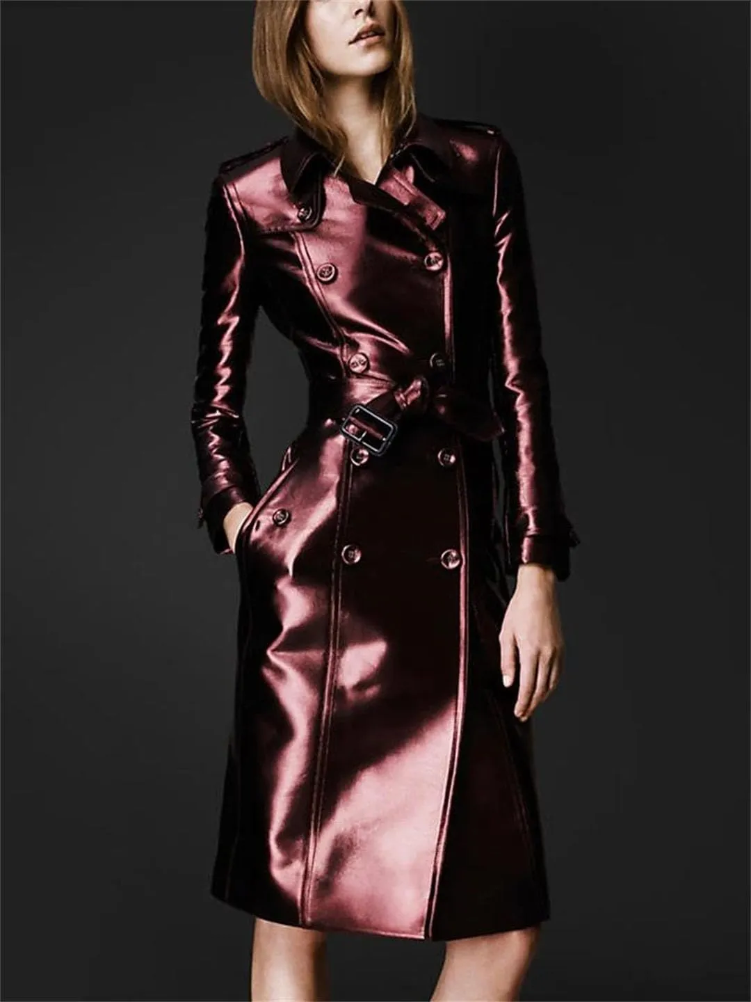 Spring Autumn Long Patent Leather Trench Coat for Women Double Breasted Fashion Leather Jacket