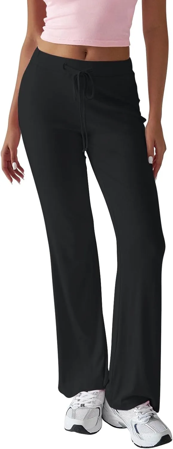 Straight Leg Yoga Pants for Women High Waisted Cotton Lounge Pants Drawstring Elastic Waist Cotton Stretchy Yoga Pants