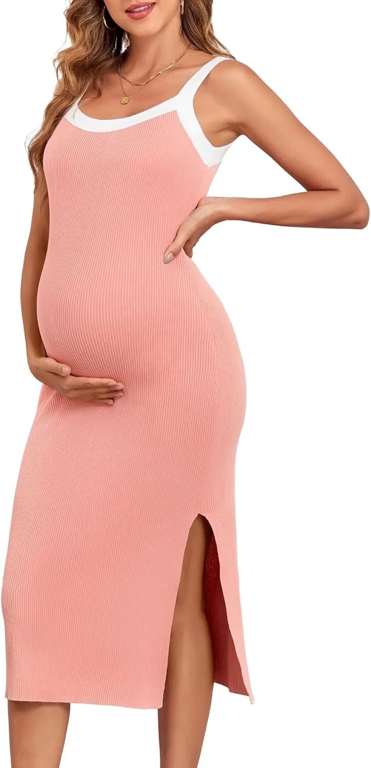 V FOR CITY Maternity Dresses Sleeveless Rib Knit Slit Baby Shower Dress Casual Square Neck Bodycon Pregnancy Outfits