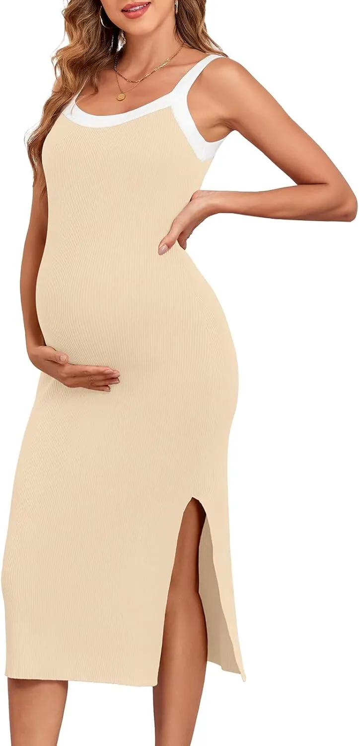 V FOR CITY Maternity Dresses Sleeveless Rib Knit Slit Baby Shower Dress Casual Square Neck Bodycon Pregnancy Outfits