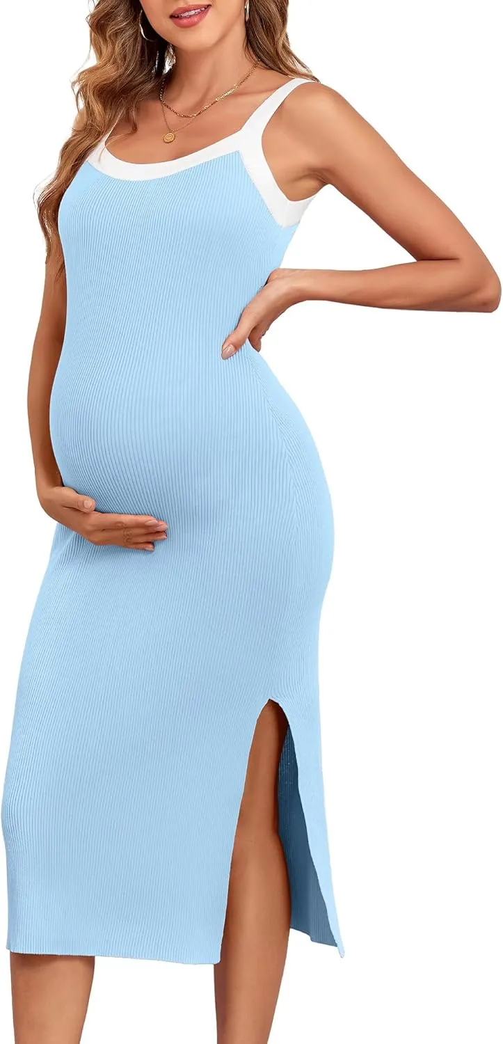 V FOR CITY Maternity Dresses Sleeveless Rib Knit Slit Baby Shower Dress Casual Square Neck Bodycon Pregnancy Outfits