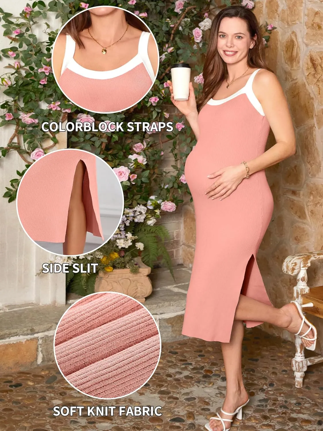 V FOR CITY Maternity Dresses Sleeveless Rib Knit Slit Baby Shower Dress Casual Square Neck Bodycon Pregnancy Outfits