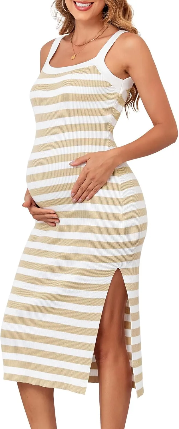 V FOR CITY Maternity Dresses Sleeveless Rib Knit Slit Baby Shower Dress Casual Square Neck Bodycon Pregnancy Outfits