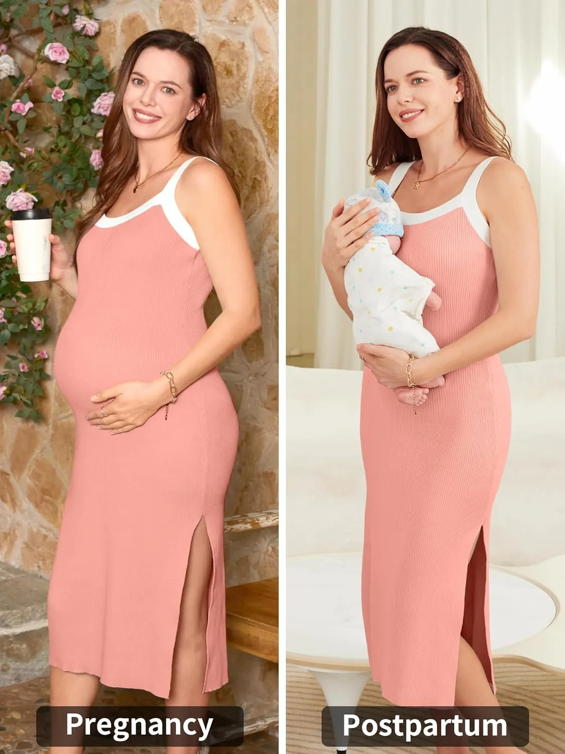 V FOR CITY Maternity Dresses Sleeveless Rib Knit Slit Baby Shower Dress Casual Square Neck Bodycon Pregnancy Outfits