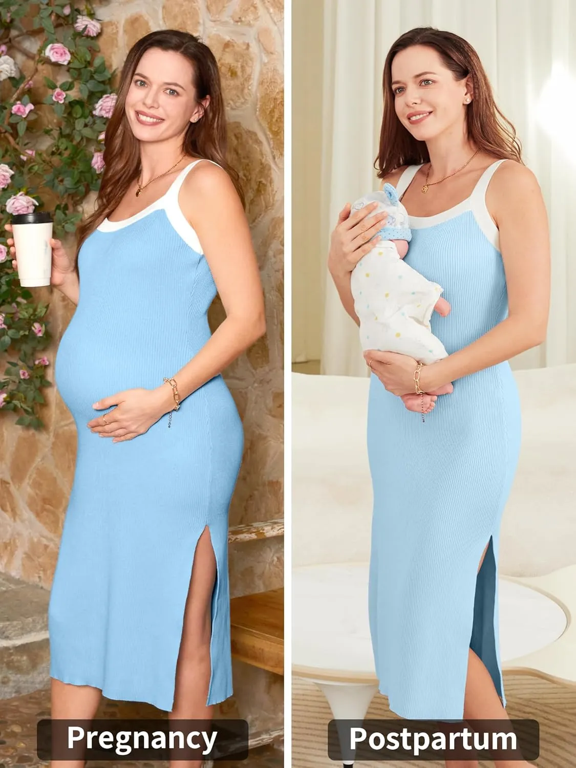 V FOR CITY Maternity Dresses Sleeveless Rib Knit Slit Baby Shower Dress Casual Square Neck Bodycon Pregnancy Outfits