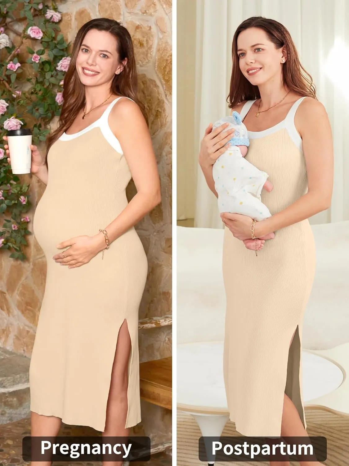 V FOR CITY Maternity Dresses Sleeveless Rib Knit Slit Baby Shower Dress Casual Square Neck Bodycon Pregnancy Outfits